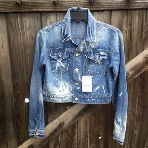 New Mother brand painted distressed cropped denim jean jacket Sample XS NWOT